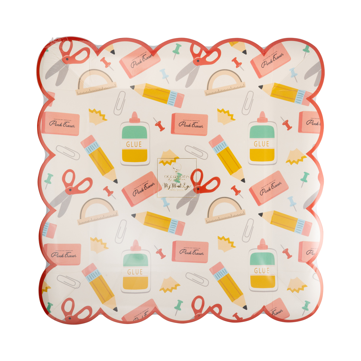 Front of school supplies scalloped paper plate with red scalloped edge and cream background printed with pencils, pink erasers, scissors, glue bottles, protractors, paper clips, and pencil shavings
