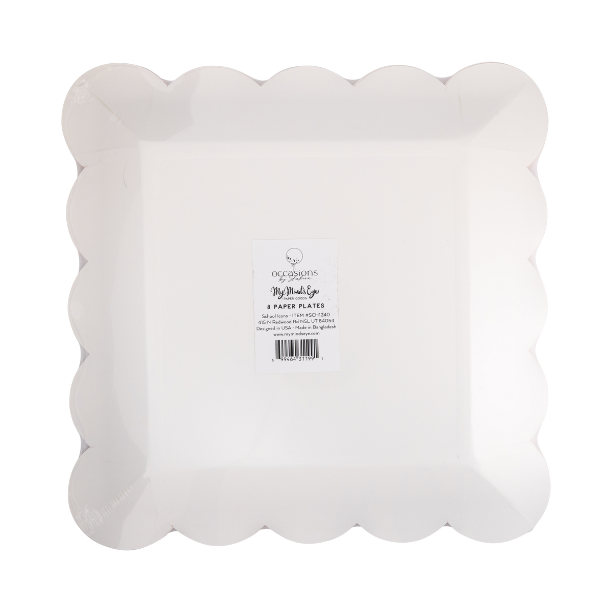 Back of school supplies scalloped paper plate showing white scalloped edge and product label