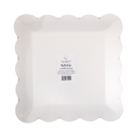 Back of school supplies scalloped paper plate showing white scalloped edge and product label