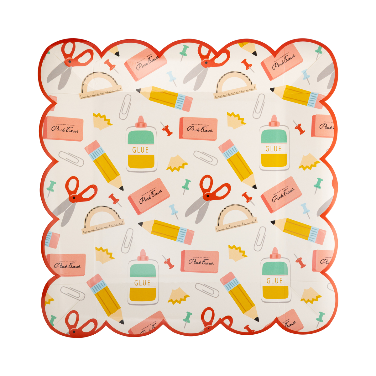 Close-up of school supplies scalloped paper plate showing cream background with retro school icons and red scalloped border