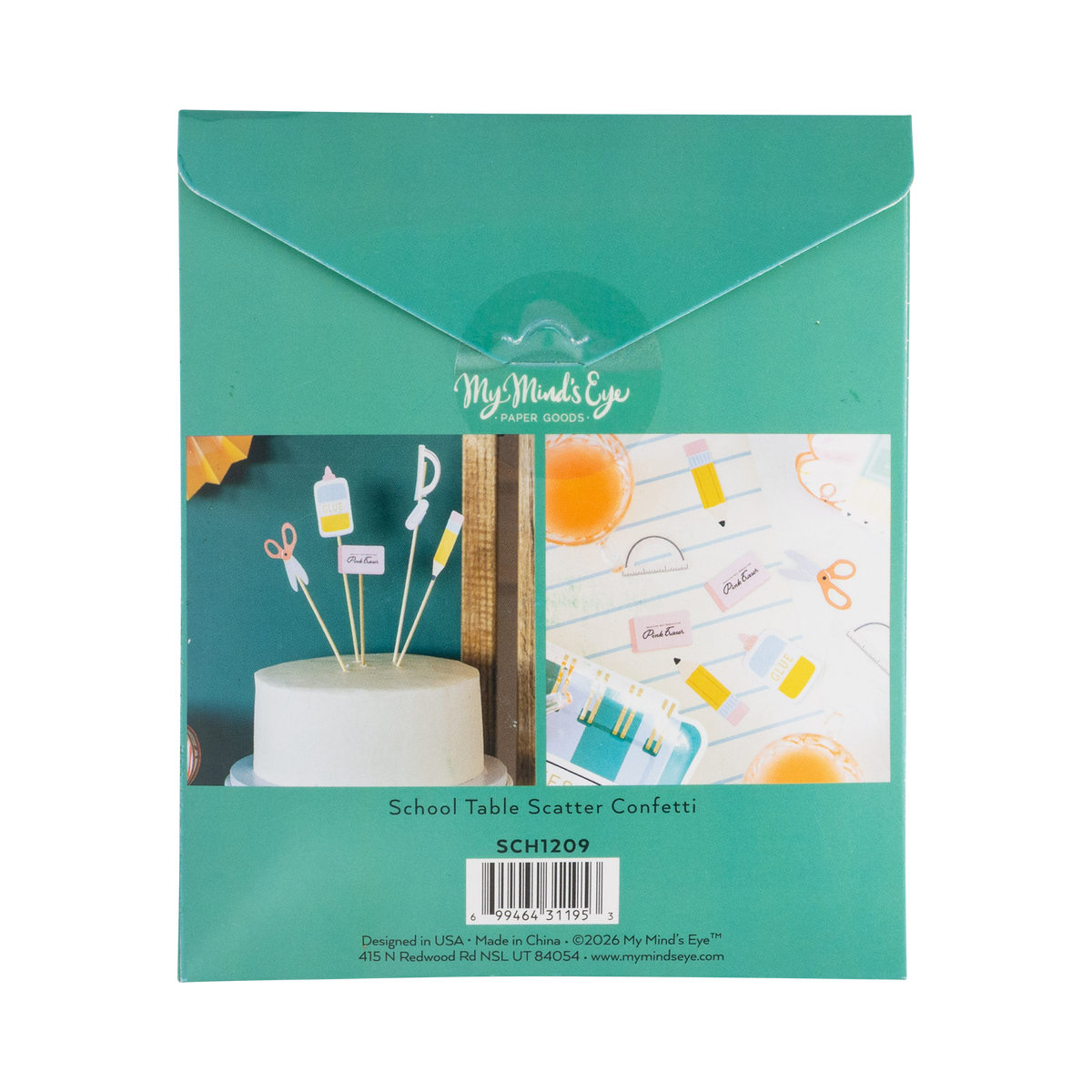Back of school supplies confetti packaging showing styled photos of confetti scattered on notebook paper tablescape and used as cake toppers