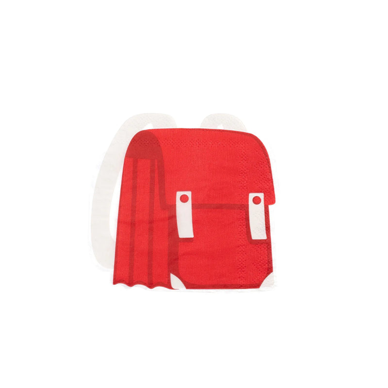 Red backpack‑shaped napkin on white background.