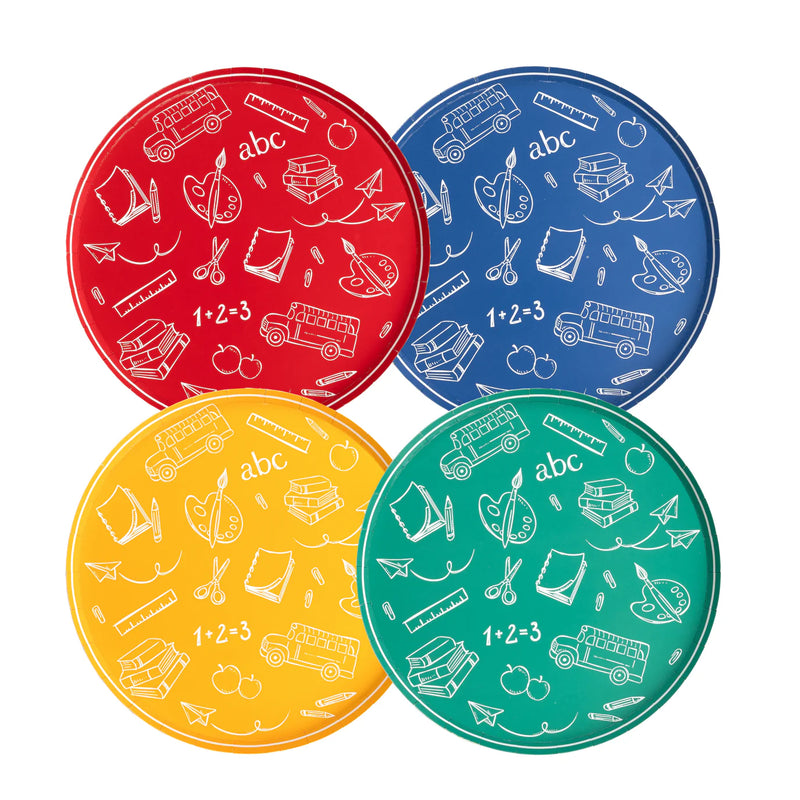 Colorful back to school paper plates in blue, red, yellow and green.