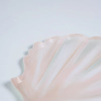 close up of seashell dessert plates with soft blush tones and scalloped edges.
