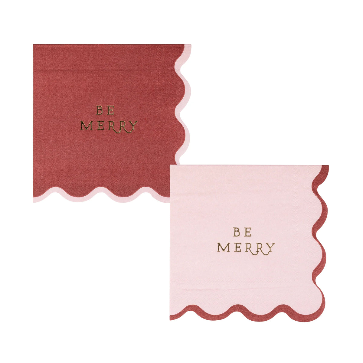 Image displaying the two-tone set of pink and maroon party supplies scalloped edge napkins with gold foil text.