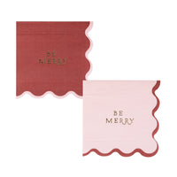 Image displaying the two-tone set of pink and maroon party supplies scalloped edge napkins with gold foil text.
