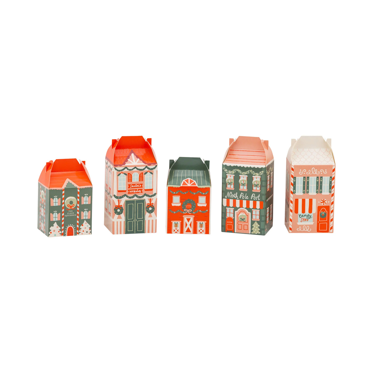 Isolated view of the five unique house designs from the North Pole Village advent boxes set.