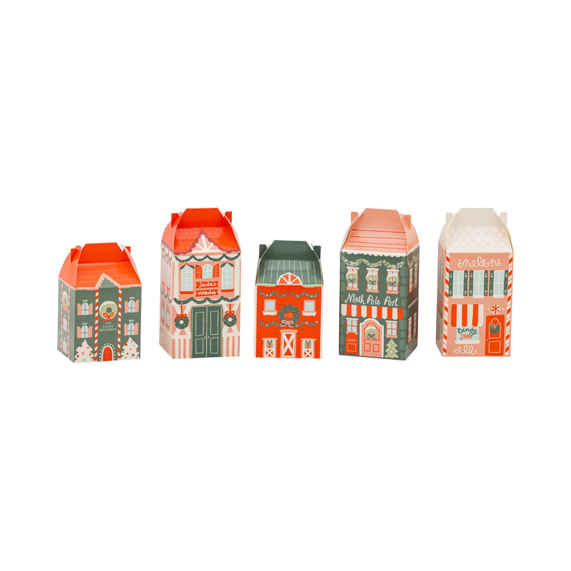 Isolated view of the five unique house designs from the North Pole Village advent boxes set.