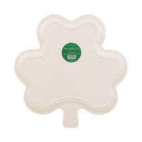 Back view of shamrock-shaped bamboo fiber serving tray in packaging