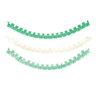 Three shamrock crepe paper garlands in green and cream displayed on white background