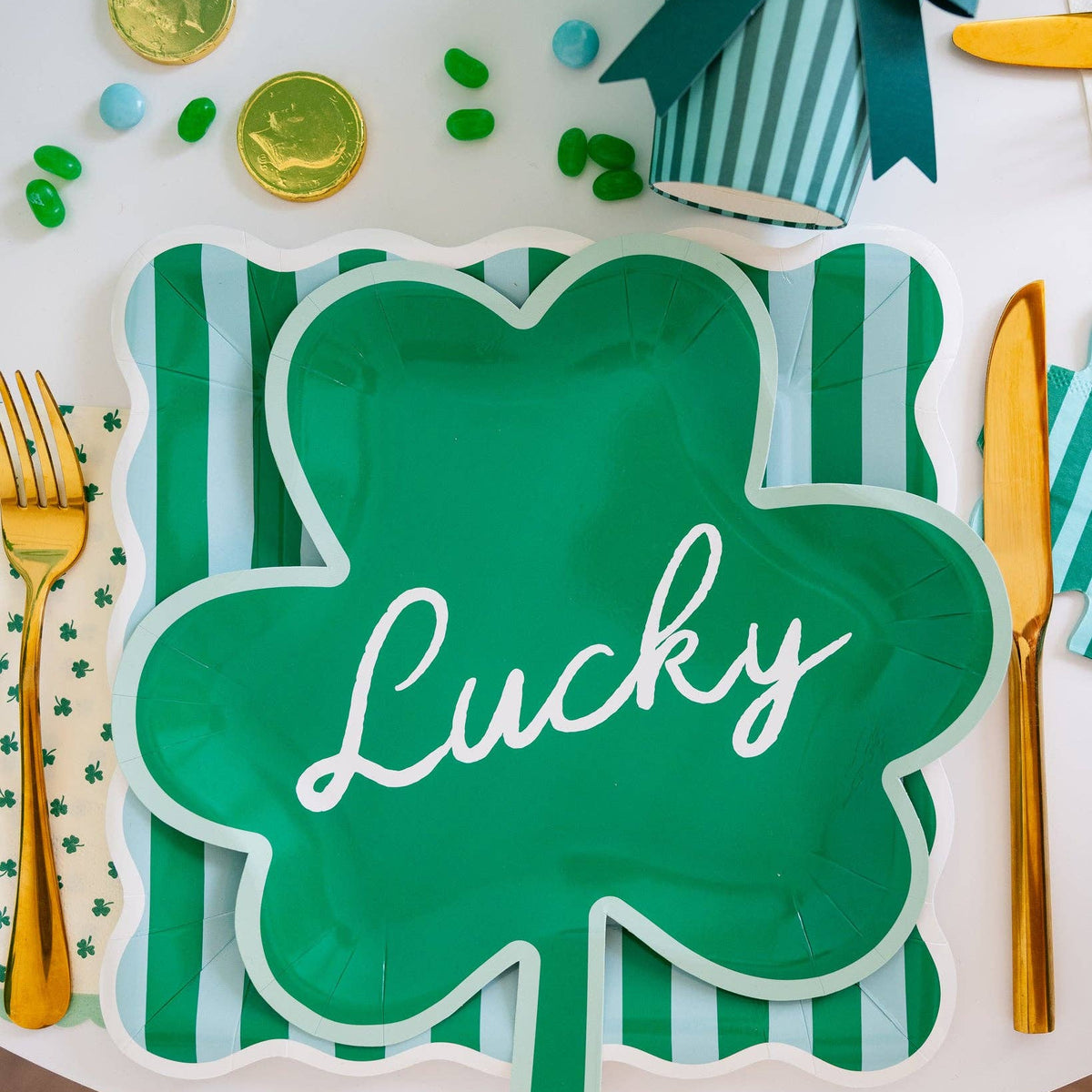 Closer look at St. Patrick’s Day shamrock plate styled on festive table