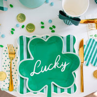 St. Patrick’s Day shamrock plate styled on festive table