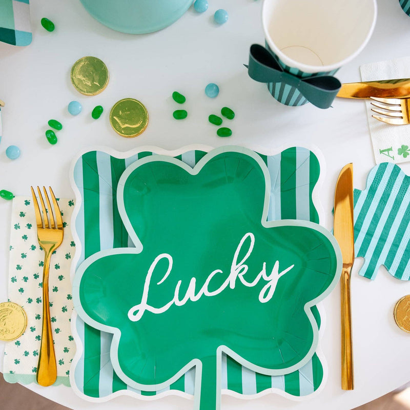 St. Patrick’s Day shamrock plate styled on festive table