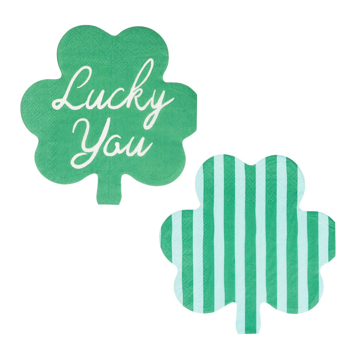 Shamrock shaped cocktail napkins with Lucky You text and green stripes