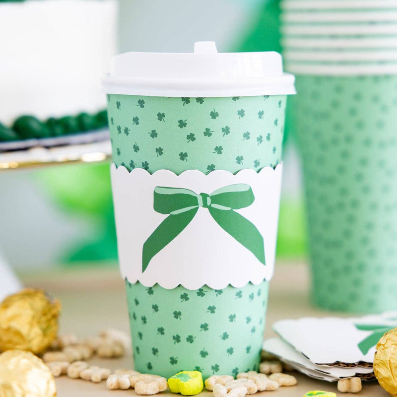 Shamrocks and bows to go cups styled on St Patrick’s Day table