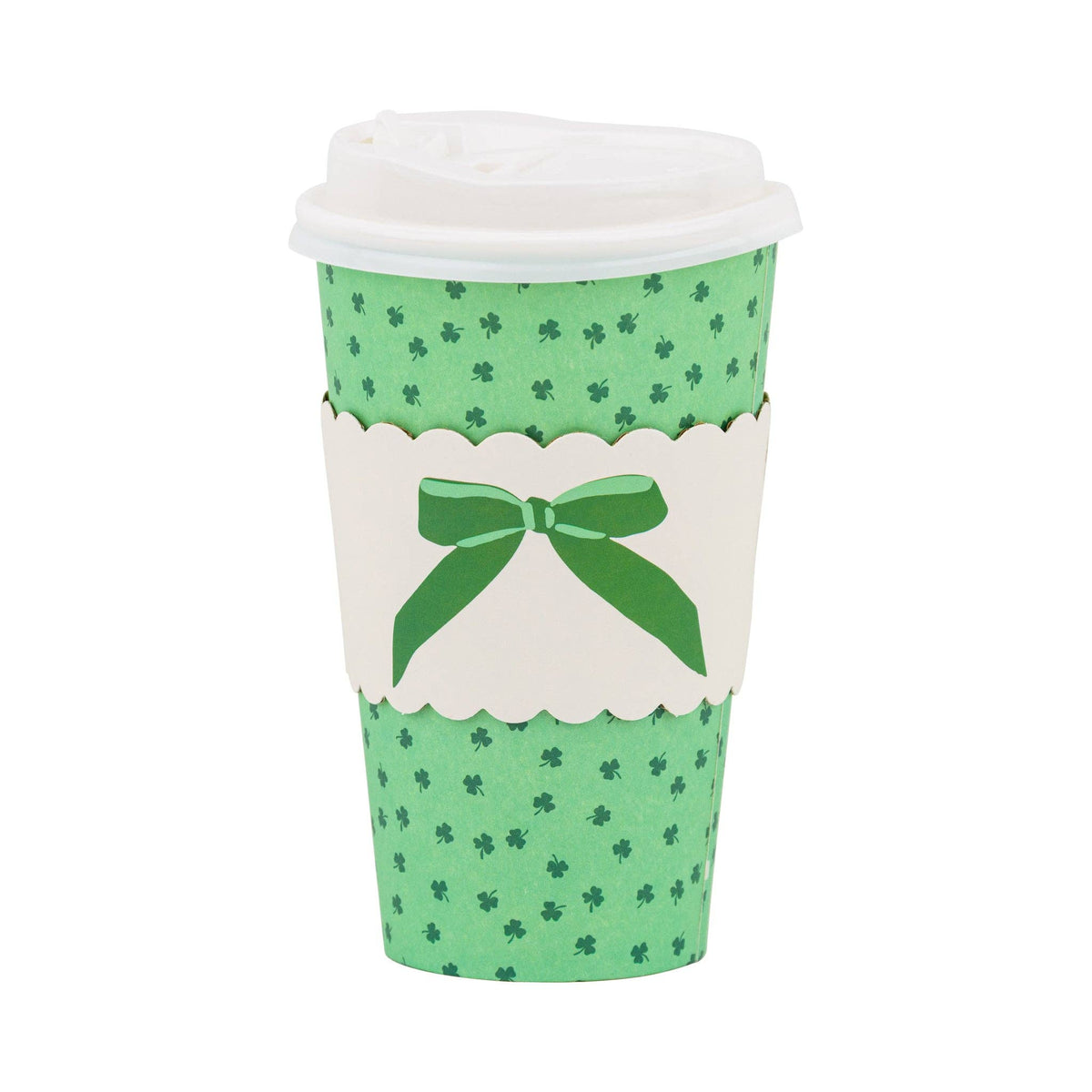 Green shamrock paper to go cup with lid and bow sleeve