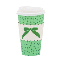 Green shamrock paper to go cup with lid and bow sleeve