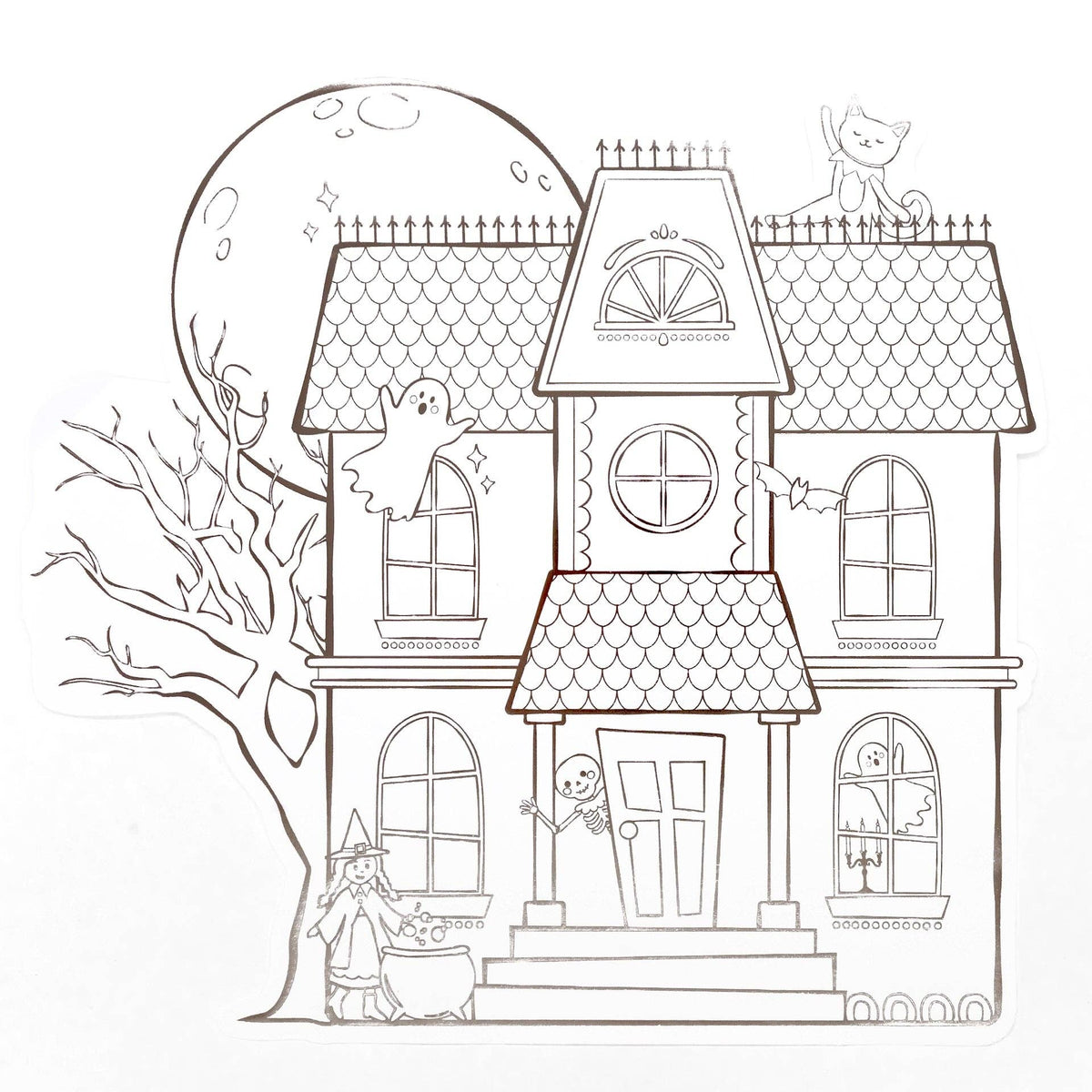 Overhead view of a shaped white paper coloring placemat cut into the silhouette of a haunted house featuring line art of ghosts and a witch.