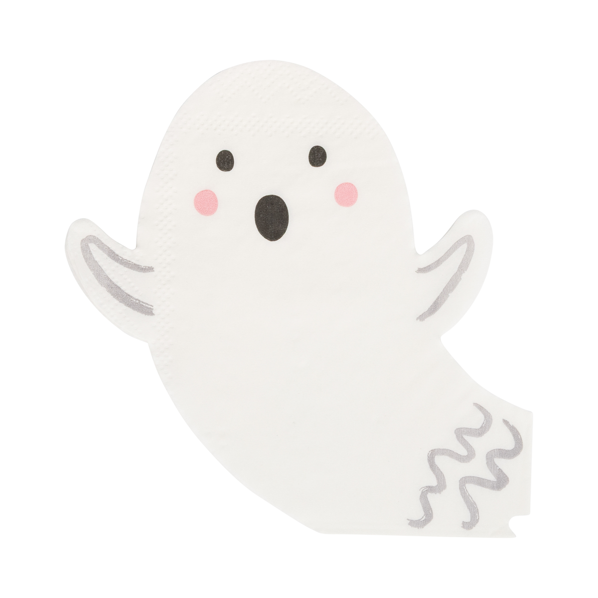 Overhead view of a shaped white paper napkin in the silhouette of a friendly ghost with pink cheeks and silver foil wavy lines on its arms and tail.