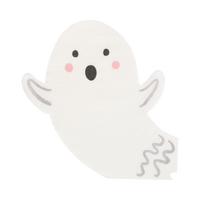 Overhead view of a shaped white paper napkin in the silhouette of a friendly ghost with pink cheeks and silver foil wavy lines on its arms and tail.