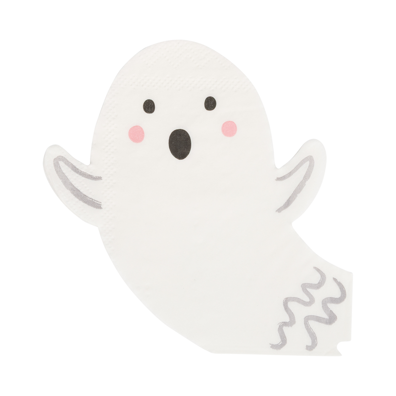 Overhead view of a shaped white paper napkin in the silhouette of a friendly ghost with pink cheeks and silver foil wavy lines on its arms and tail.