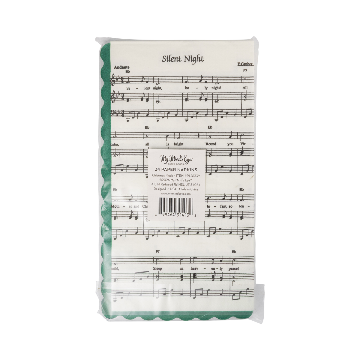 Back of the sheet music dinner napkins packaging showing product details and barcode