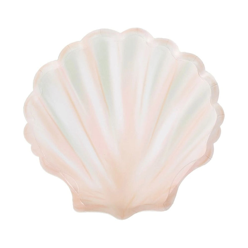 shell shaped paper plate in blush and ivory on white background.