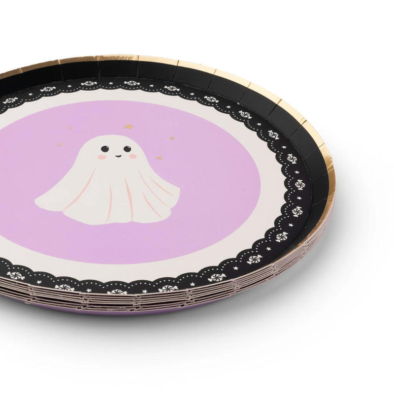 Stack of Frills & Thrills Halloween Small Plates showing lavender ghost pattern with black lace-inspired border.