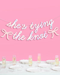 She's Tying the Knot iridescent banner hung above bridal shower table with champagne flutes and white plates