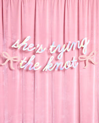 She's Tying the Knot iridescent banner hung on pink velvet backdrop for bridal shower
