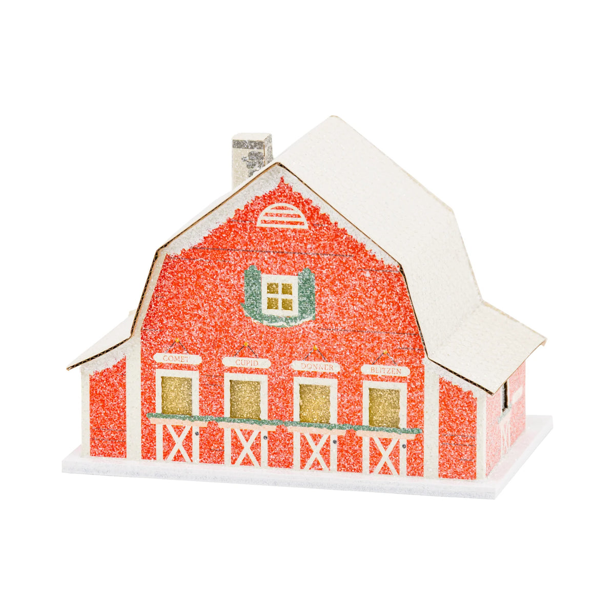 Side view of the Reindeer Barn decor house, showing the different stable windows named after reindeer in the Christmas village.