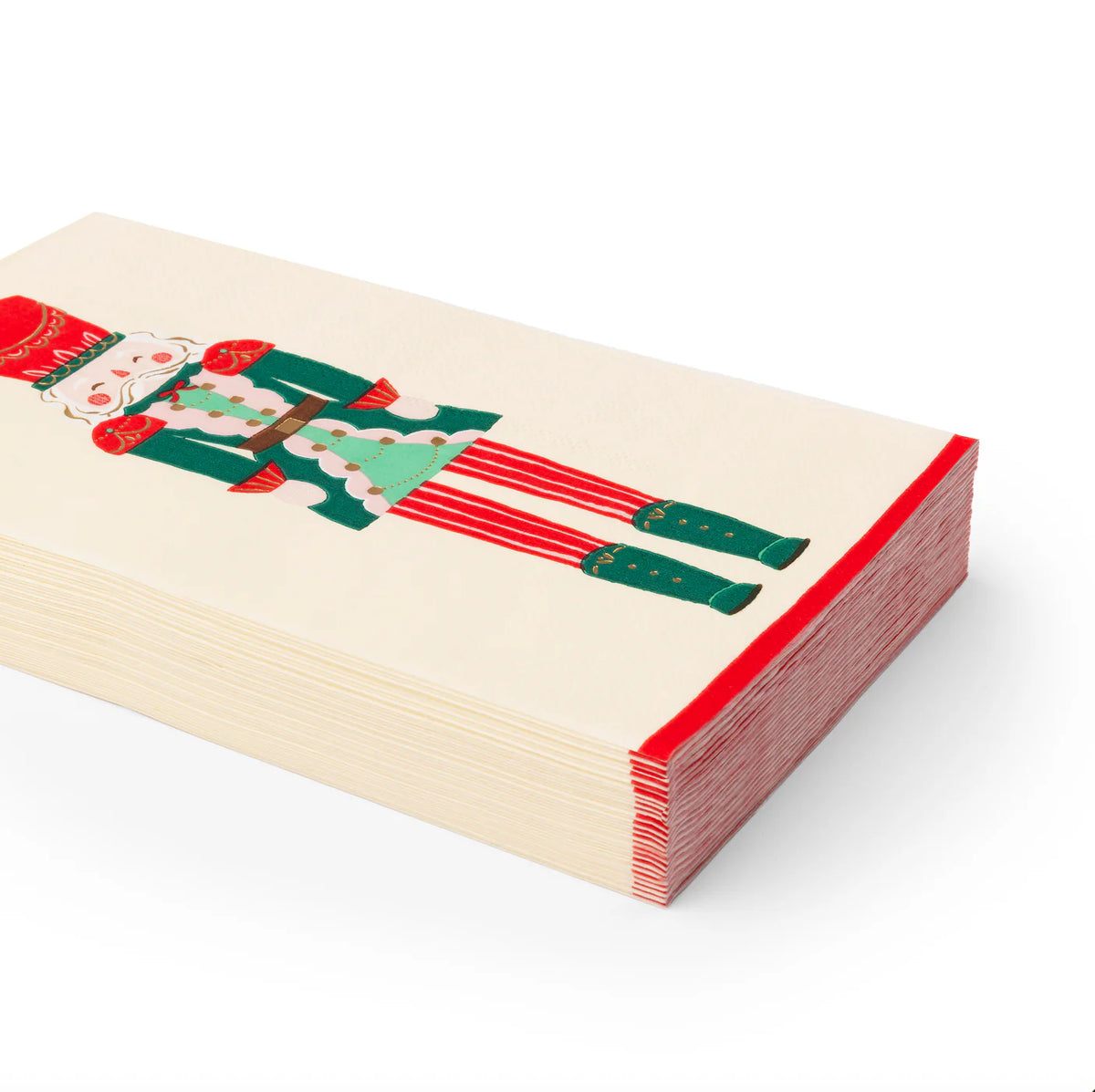 Close-up side view of the thick stack of Christmas paper napkins, showing the paper quality.