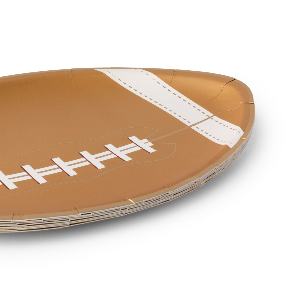 Close-up of football diecut paper plate showing stitched detail
