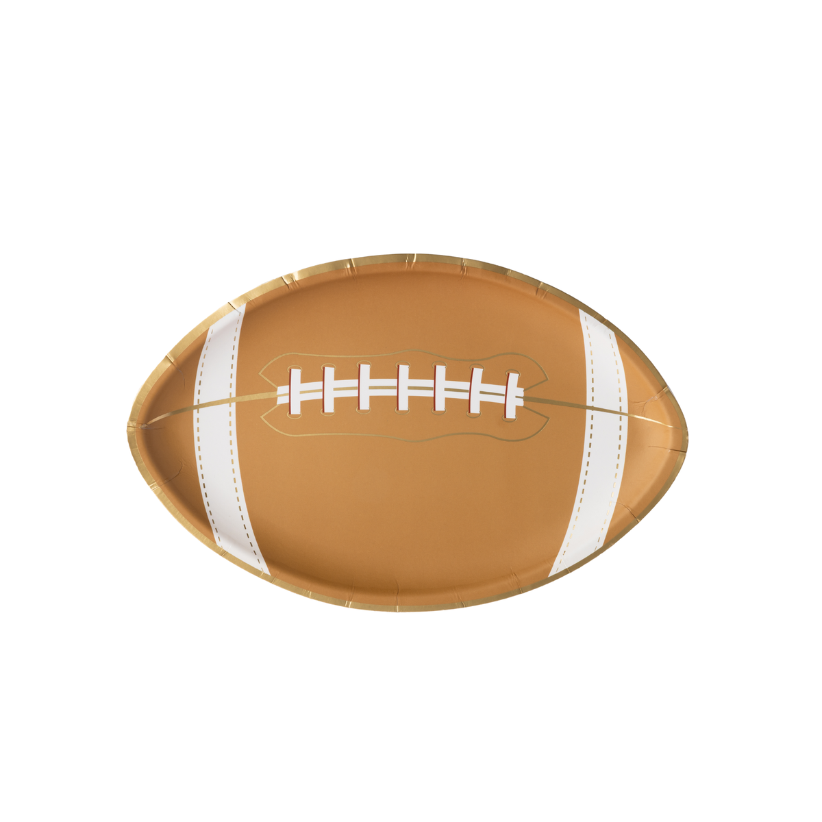 Football-shaped paper party plate with classic brown and white design
