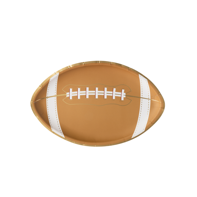 Football-shaped paper party plate with classic brown and white design
