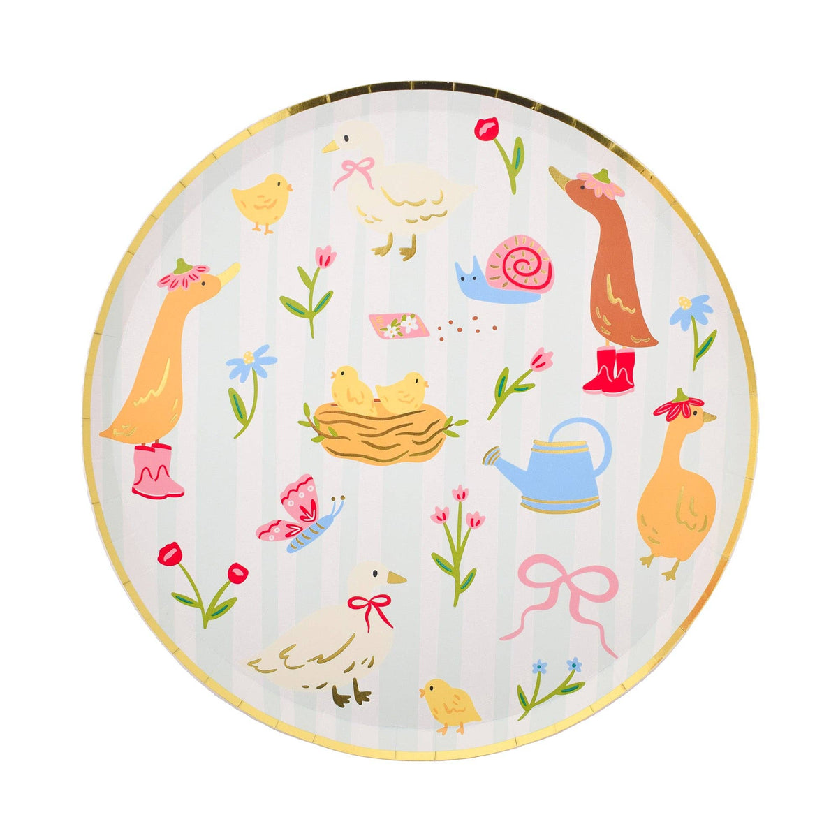 Illustrated silly goose party plate with flowers, chicks, and garden details.
