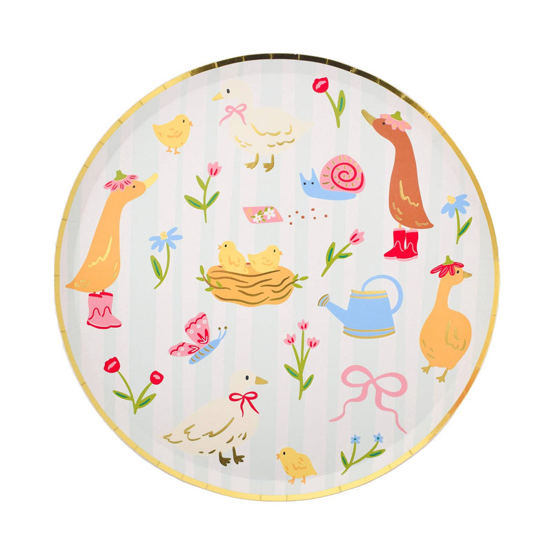 Illustrated silly goose party plate with flowers, chicks, and garden details.
