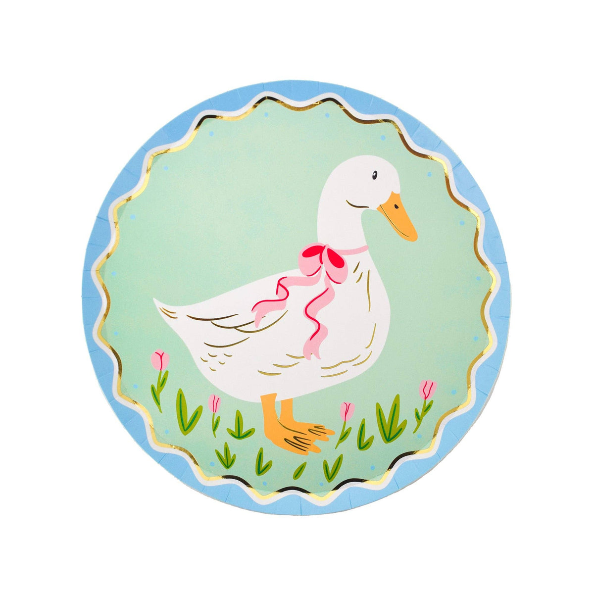 Illustrated goose party plate with floral accents and pastel colors.
