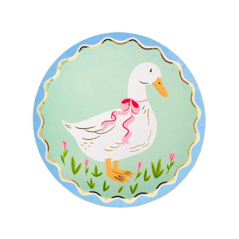 Illustrated goose party plate with floral accents and pastel colors.

