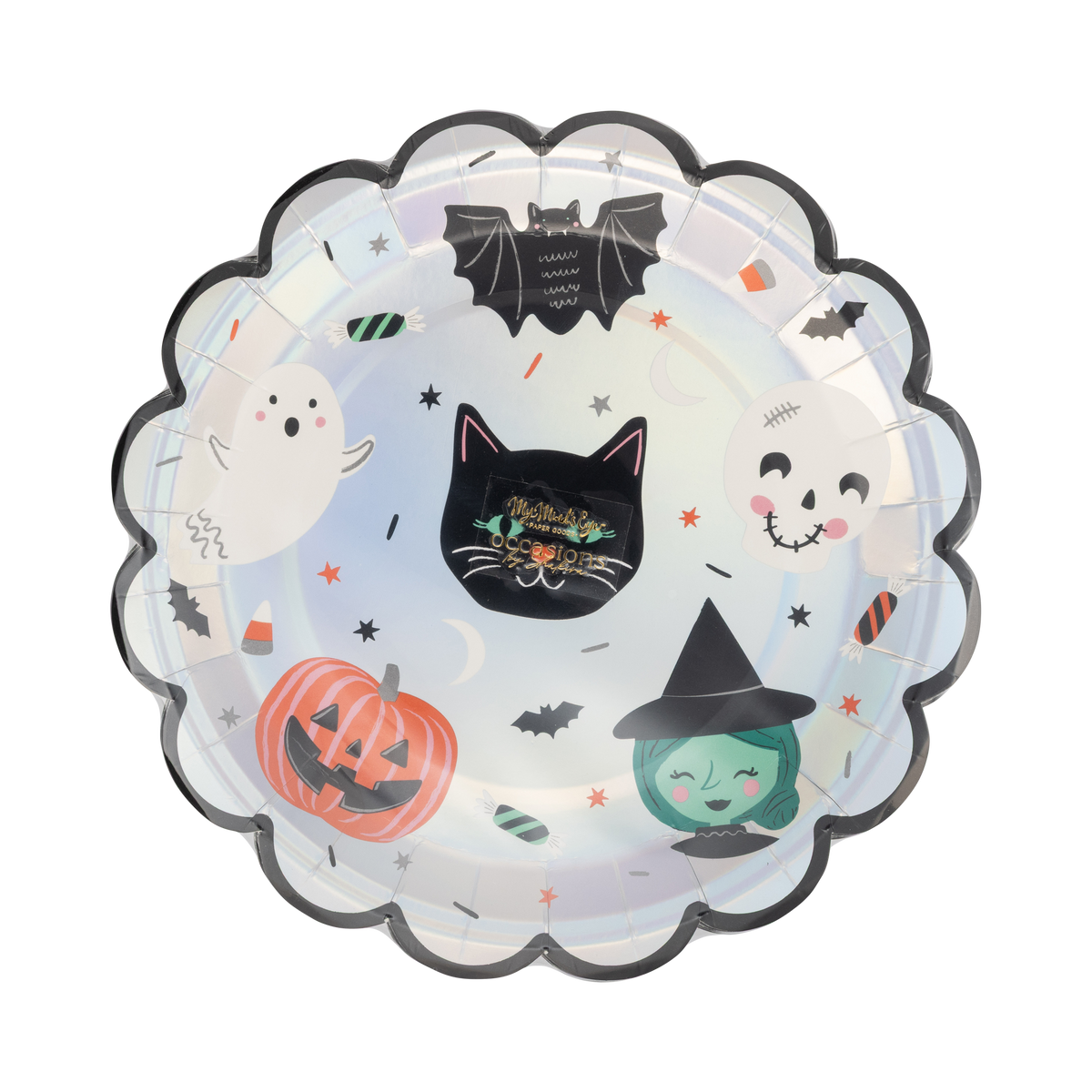 Straight-on studio shot of the Spooky Friends scalloped paper plate highlighting the metallic silver foil border and retro character illustrations.