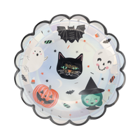 Straight-on studio shot of the Spooky Friends scalloped paper plate highlighting the metallic silver foil border and retro character illustrations.