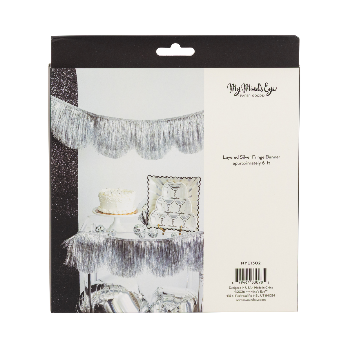Silver mylar fringe banner shown in back packaging