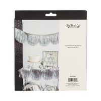 Silver mylar fringe banner shown in back packaging