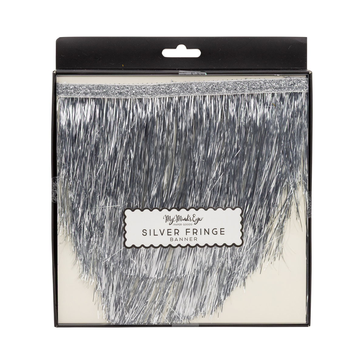 Silver mylar fringe banner shown in front packaging