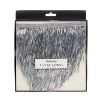 Silver mylar fringe banner shown in front packaging