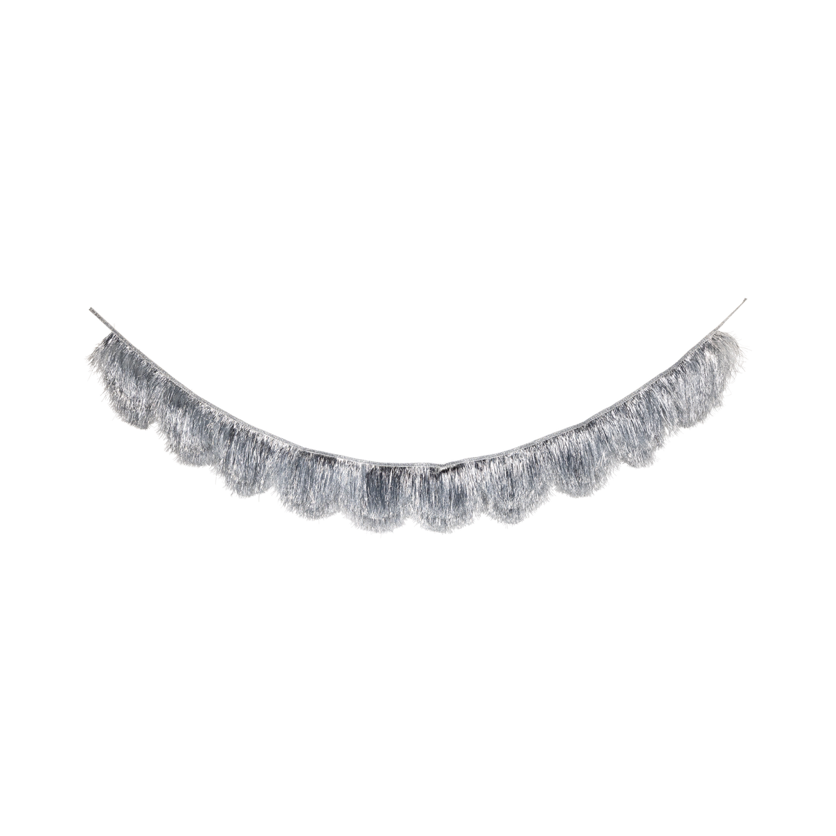 Silver mylar fringe banner with a scalloped edge laid out flat