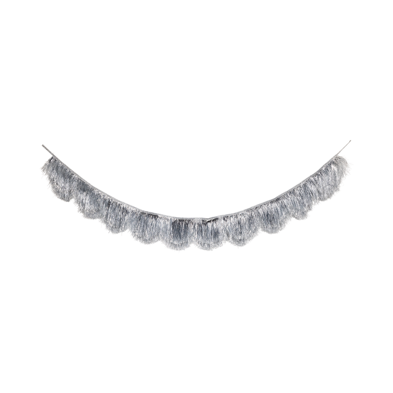 Silver mylar fringe banner with a scalloped edge laid out flat