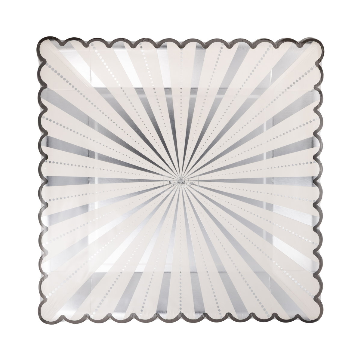 Angled view of the silver starburst square paper dinner plate