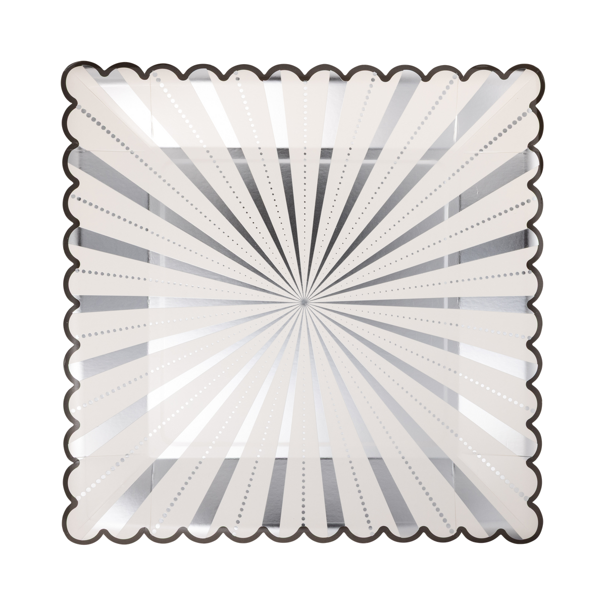 Cream square paper dinner plate with a silver foil starburst design and black scalloped edge