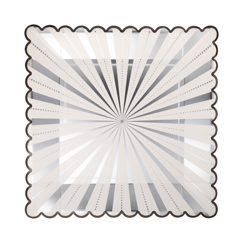 Cream square paper dinner plate with a silver foil starburst design and black scalloped edge